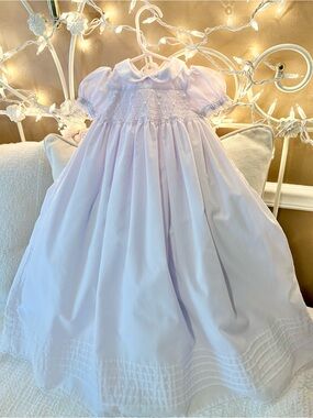 Alexis Light Lavender Smocked Formal Baby Gown with Bonnet.